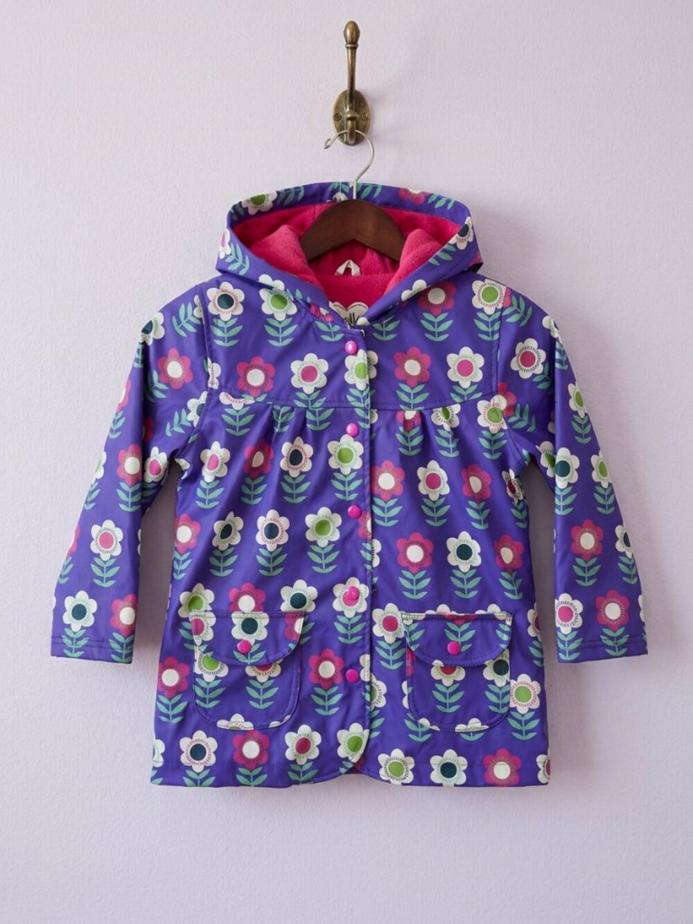 Hatley Purple Floral Button-Up Hooded Raincoat Terry Lined Girls Size 6